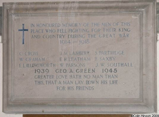 The World Wars I and II Memorial plaque in St. John's Church, Wentbridge.