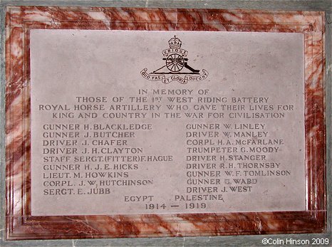 The World War I Memorial plaque in Holy Trinity Church, Wentworth.