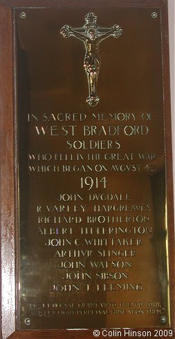 The World War I Memorial Plaque in St. Catherine's Church, West Bradford.