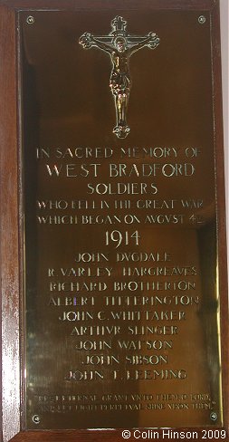 The World War I Memorial plaque in St. Catherine's Church, West Bradford.