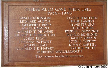 The World War II Memorial plaque in St. James's Church, Wetherby.