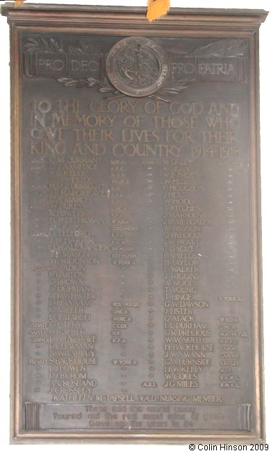 The World War I Memorial plaque in St. James Church, Wetherby.