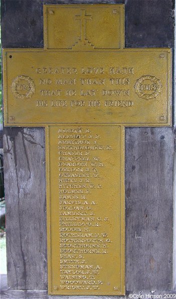 The World War I Memorial plaque in the Lych Gate at St. Mary's Church, Whiston.
