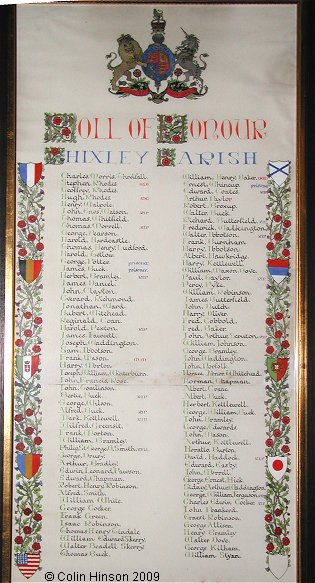 The World War I Memorial plaque in the Church of the Ascension, Whixley.