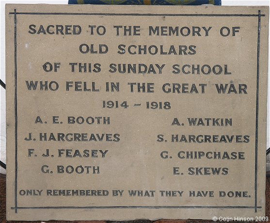 The World War I Memorial plaque to the Old Scholars of the Sunday School, in St. Mary's Church, Wombwell.