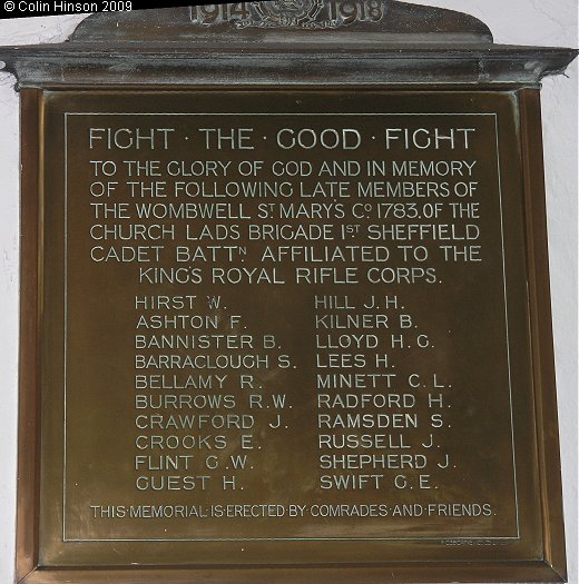 The World War I Memorial plaque to the late members of Church Lads Brigade, in St. Mary's Church, Wombwell.