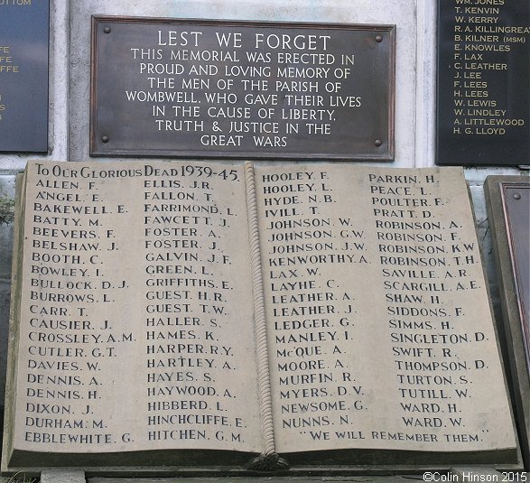 The World Wars I and II memorial in Wombwell St. Mary's Churchyard.