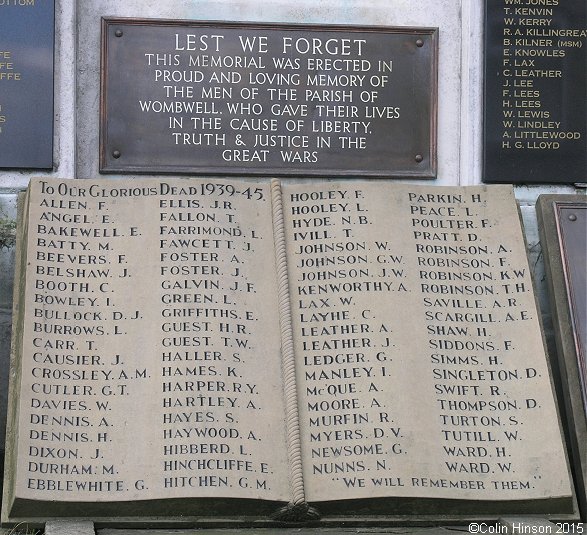 The World Wars I and II War Memorial in Wombwell St. Mary's Churchyard.