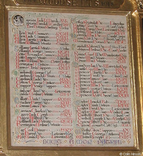 The War Memorial plaque in St. George's Church, Woodsetts.