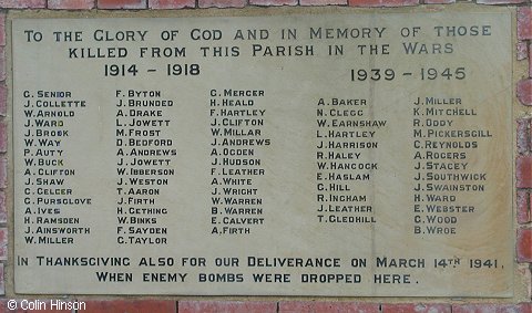 The War Memorial plaque on the side of St. Anne's Church, Wrenthorpe.